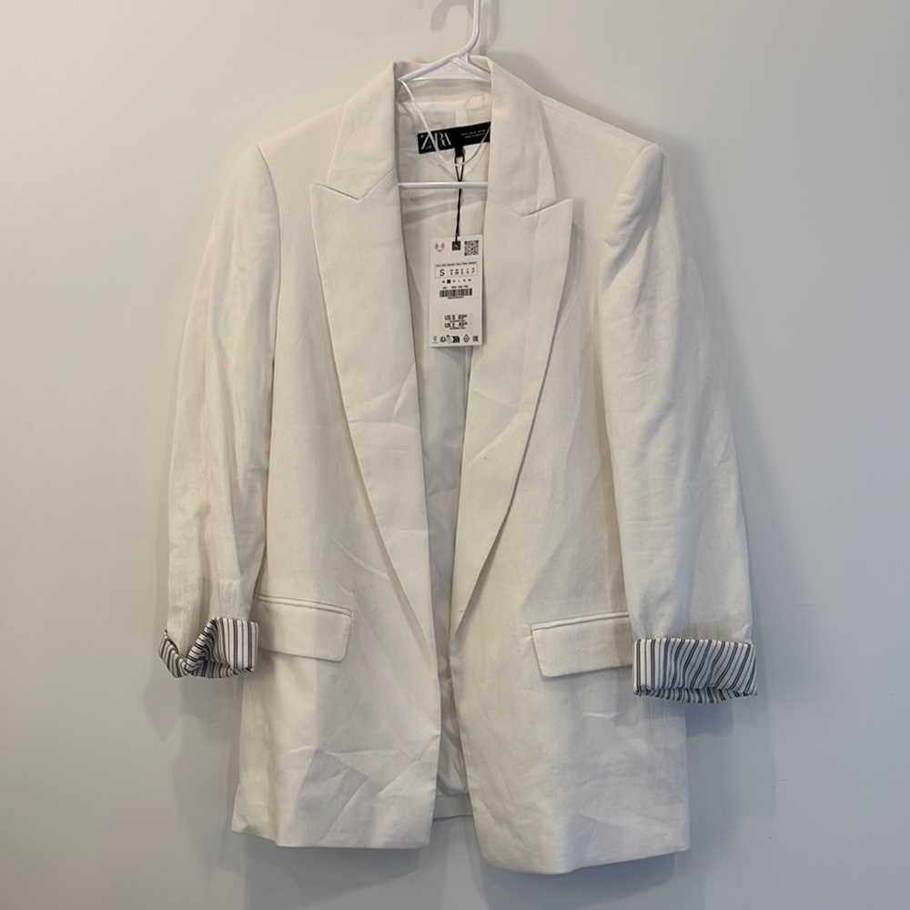 Zara Women's Cream Blazer with Striped Cuffs